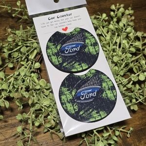 Ford Blue, Green & Black Round Car Coasters